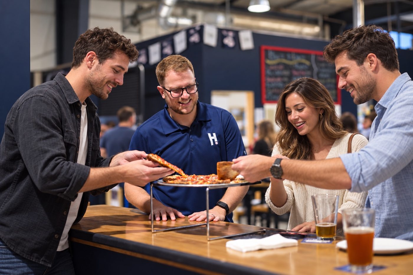 A group of friends reaching for slices of pizza together at the bar